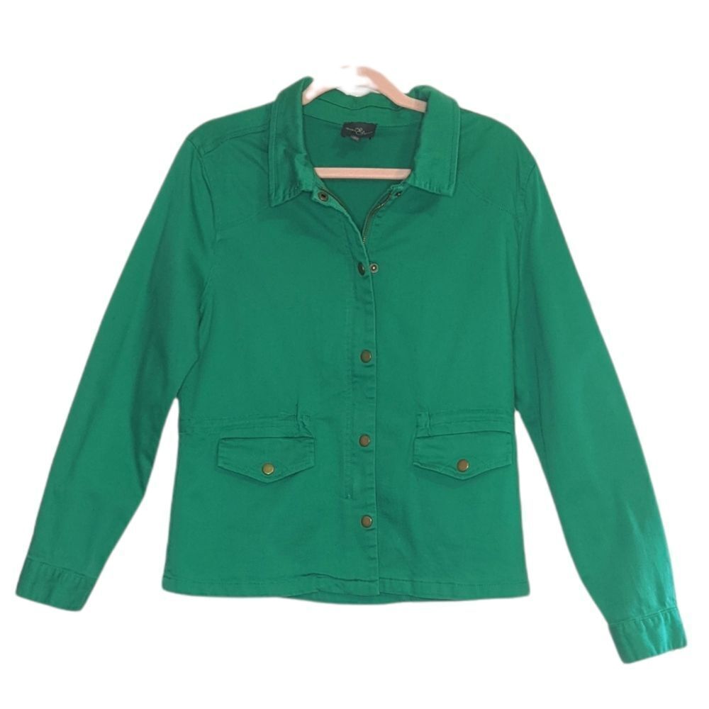 Market & Spruce Green Cotton Blend Denim Zipper Button Front Utility Jean Jacket